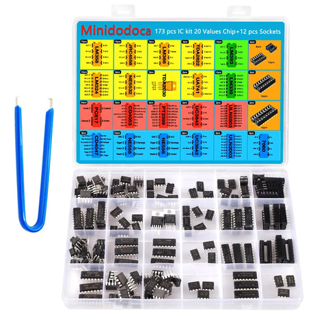 IC Chips Kit 173 Piece Op Amp ICs And Timer ICs Assortment With 12 Sockets in labeled transparent case, includes NE555 LM358.