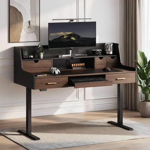 Built Tough 55 Inch Electric Adjustable Standing Desk Featuring Five Roomy Storage Drawers And Raised Monitor Platform Smooth Glide Motor Custom Memory Buttons Boss Home Office Setup with an open drawer and monitor.