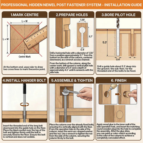 Installation guide for Heavy Duty Hidden Newel Post Mounting Kit With Rail Bolt Wrench And Rock Solid Base Plate.