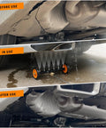 Undercarriage Pressure Washer Attachment With 16 Inch Dual Function Water Broom And 3 Piece Extension Wand For 1500 To 4000 PSI Grime Busting Heavy Duty Undercarriage Cleaner That Switches Between Water Broom And Underbody Wash Orange shown in action cleaning vehicle underside
