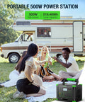 Power On The Go 500W Portable Power Station With 519.48Wh 140400mAh Battery next to group enjoying outdoor picnic