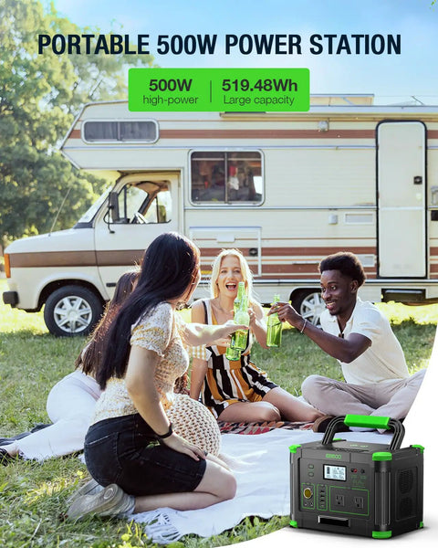 Power On The Go 500W Portable Power Station With 519.48Wh 140400mAh Battery next to group enjoying outdoor picnic