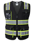 Stay Cool And Look Sharp Working Outdoors With This No Sweat High Reflective Mesh Vest Designed For Heavy Duty Days Featuring Super Light Breathable Fabric That Delivers Maximum Visibility All Day. Black mesh vest with yellow reflective strips and multiple pockets.