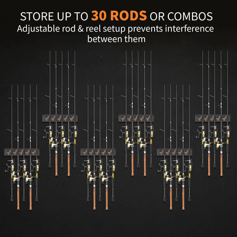 Six Pack Wall Mounted Fishing Rod Holder Rack With Dual Anti Slip Pads Holds Up To Five Rods Per Clamp For 0.1 To 0.75 Inch Poles In Garage Storage Organizer Storing 30 Rods Total Makes A Great Gift For Men visible holding fishing rods