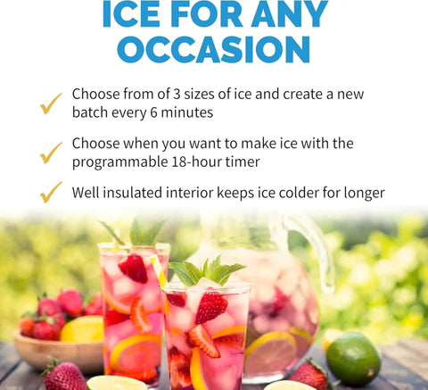 Portable Countertop Ice Maker Delivers 12 Bullet Ice Cubes in 7 Minutes, 50 Lb Daily Capacity, 3 Ice Size Options with drinks