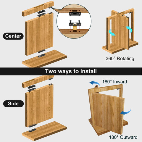 Hidden Pivot Hinge For Secret Doors And Hidden Bookcases Thickened Rock Solid Heavy Duty Steel Hardware With 870 Lbs Load Bearing 360 Degree Rotation Smooth Bearing Design Rust Resistant Patented shown in two installation methods