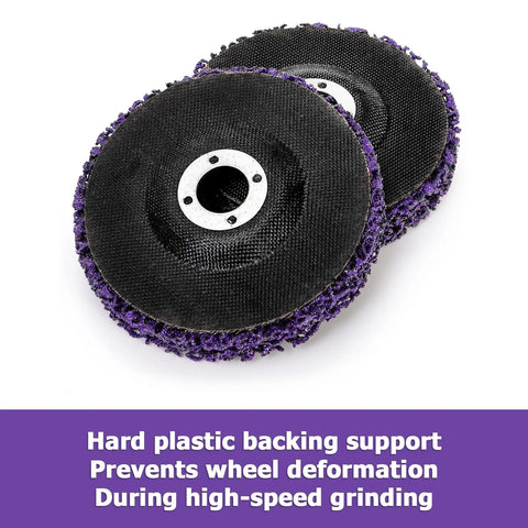 Close-up of Six Pack 4 Inch Stripping Discs for Angle Grinder 5/8 Inch Arbor with hard plastic backing support for durability.
