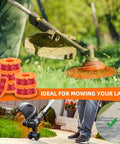 Person using weed eater with Worx Compatible Trimmer Spool Line Kit, 14 Pack 0.065 Inch Edger Spools Replacement For Weed Eater String Trimmers.