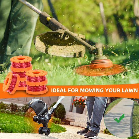 Person using weed eater with Worx Compatible Trimmer Spool Line Kit, 14 Pack 0.065 Inch Edger Spools Replacement For Weed Eater String Trimmers.
