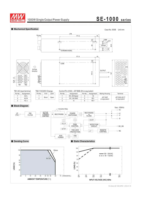 Enclosed SE-1000-15 Power Supply 1000W 15V 66.7A Single Output Switching PSU For Industrial Use AC Input Selectable Built In DC Fan Cooling Remote Sense Burn In Tested 2 Year Warranty technical spec sheet