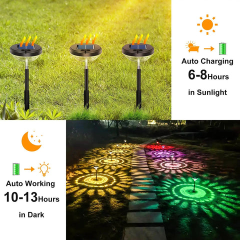 Bright Solar Pathway Lights 2 Pack With Color Changing And Warm White LEDs IP67 Waterproof displaying auto charging and working hours