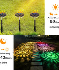 Color Changing And Warm White Solar Pathway Lights 6 Pack illuminating a walkway with auto charging and working hours displayed.