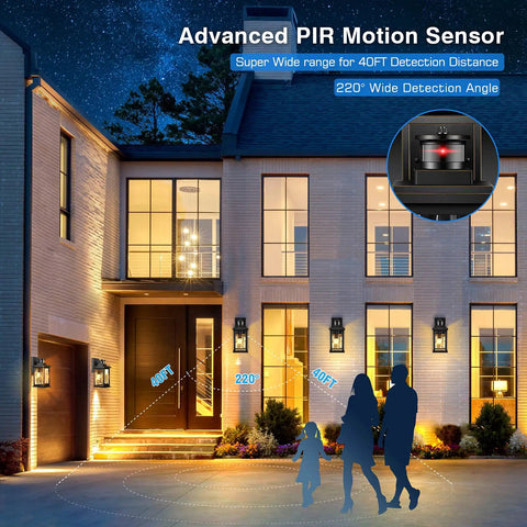 Motion Sensor Outdoor Wall Lights With Dusk To Dawn Sensor PIR Technology on modern house, illuminated entryway at dusk.