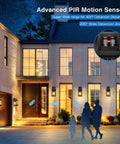 Two Pack Motion Sensor Outdoor Lights With Dusk To Dawn LED Exterior Wall Sconces on house showcasing wide detection angle and range.