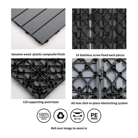 22 Pcs Wood Plastic Composite Patio Deck Tiles 12x12 Interlocking Flooring For Indoor And Outdoor Use With Easy Snap In Setup Water Resistant 22 Sq Ft Coverage Westminster Grey 3D Pattern, showing interlocking system and base design.