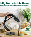 1.7 Liter Glass Electric Kettle That Boils Seven Cups In Just Six To Seven Minutes With Soft Blue LED Lights, cordless base