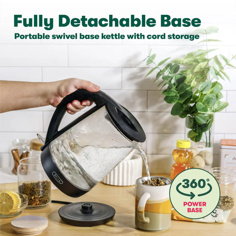 1.7 Liter Glass Electric Kettle That Boils Seven Cups In Just Six To Seven Minutes With Soft Blue LED Lights, cordless base