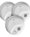 Interconnected Smoke And Carbon Monoxide Alarm With Hardwired Power And Battery Backup, 3 Pack For Home Safety, Precision Detection Cuts Nuisance Alarms And Delivers Early Fire Warning, front view of three alarms.