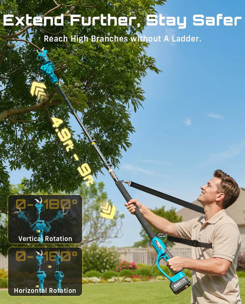 Person using 2-In-1 Pole Pruning Shears With 1.6 Inch Cutting Diameter Cordless Electric Pruner to cut tree branches.