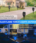 Daytime and nighttime view of Blue Solar Torch Lights 6 Pack With Flickering Flame installed along a garden pathway and porch.