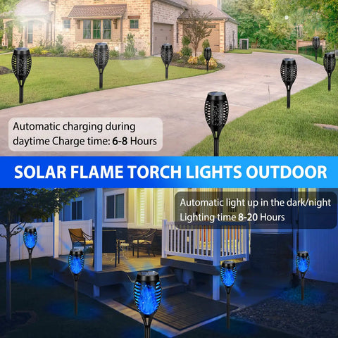 Daytime and nighttime view of Blue Solar Torch Lights 6 Pack With Flickering Flame installed along a garden pathway and porch.
