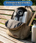 Kid Friendly 9 Pad Electric Drum Set For Beginners in backpack with sticks on park bench