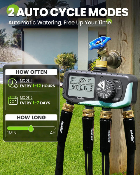 Digital display of Four Zone Sprinkler Timer With Programmable Start Times, Durations And Frequencies For Each Zone on water spigot