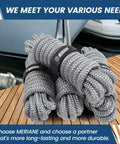 Marine Grade Dock Line Set Half Inch By Fifteen Foot Double Braided Nylon Boat Rope Gray Four Pack Soft Touch And Shock Absorbent Saltwater Ready With High Tensile Strength And Durable Construction coiled on a deck.