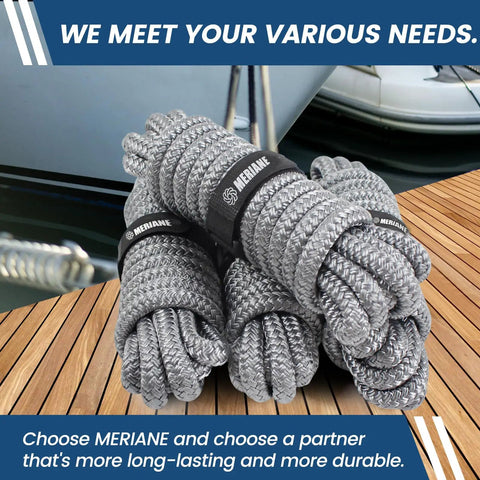 Marine Grade Dock Line Set Half Inch By Fifteen Foot Double Braided Nylon Boat Rope Gray Four Pack Soft Touch And Shock Absorbent Saltwater Ready With High Tensile Strength And Durable Construction coiled on a deck.