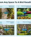 Sun Powered Bird Bath Fountain With Metal Stake Stand And Upgraded Spray System For Outdoor Gardens Yards Patios And Lawns Automatic Cascading Water Flow No Wiring Or Batteries Needed Blue XL Decor in various garden settings