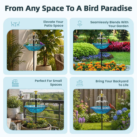 Sun Powered Bird Bath Fountain With Metal Stake Stand And Upgraded Spray System For Outdoor Gardens Yards Patios And Lawns Automatic Cascading Water Flow No Wiring Or Batteries Needed Blue XL Decor in various garden settings