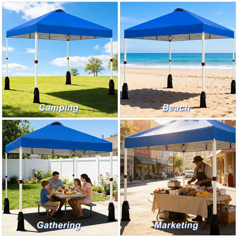 Different uses of 10x10 Pop Up Canopy Tent With One Button Push Setup, Adjustable Height for beach, camping, gathering, and market.