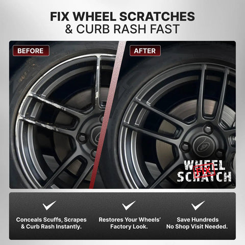 Before and after image showcasing Anthracite Gray Rim Touch Up Paint And Wheel Scratch Repair Set for alloy wheels.