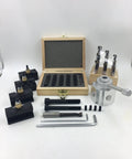 Quick Change Tool Post Holder Set Pro Grade With Nine Pieces Three Eighths Inch Boring Bar And Five Indexable Carbide Inserts Turning Tool Bits Kit For 7x10 7x12 And 7x14 Mini Lathes displayed with components on white backdrop.