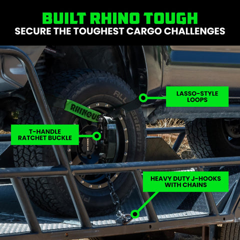Heavy Duty 2 Inch By 8 Foot Car Tie Down Straps With J Hooks 4 Pack 10,000 Lb Break Strength securing vehicle tire on trailer