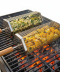 Two Pack Rolling Grill Basket For Even Cooking With Lid And Removable Wooden Handle Stainless Steel BBQ Grilling Basket For Vegetables Shrimp And Meat Outdoor Cooking Gift For Dad Or Husband on grill with food