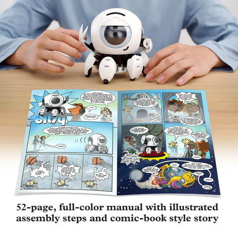 Sound Sensing Robot STEM Kit Build a Dope Sound Reacting Bot at Home Learn Engineering and Spatial Hearing With Screen Free Hands On Assembly Featuring Two Motors and Three Microphones for Real World Sound Reactions, white plastic robot with manual