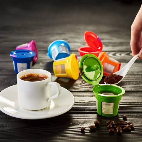 Seven Pack Reusable K Cups For Single Serve Coffee Makers No Fuss BPA Free Refillable Pods In Seven Colors with coffee cup