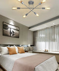 Six Light E26 Sputnik Semi Flush Mount Ceiling Light Fixture in bedroom, industrial style, UL listed, fully dimmable.