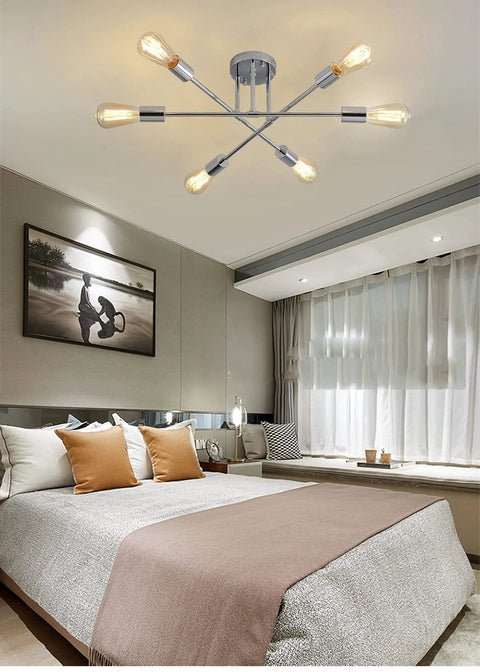 Six Light E26 Sputnik Semi Flush Mount Ceiling Light Fixture in bedroom, industrial style, UL listed, fully dimmable.