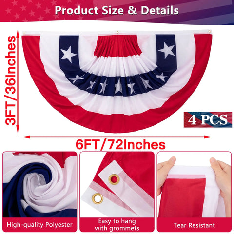 Detailed view of Patriotic Bunting Flags Set Of 4th Of July Independence Day Outdoor Decor Pleated Large Bunting Banner Red White Blue Stars Memorial Day Yard Party Decorations showing dimensions and material.