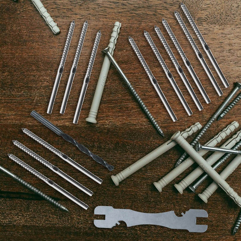 Stainless Steel Lag Screws For Deck Cable Railing Hardware Left And Right Threaded Screws For Wood Posts In Outdoor Decking Systems No Extra Turnbuckle Or Tensioner Needed Heavy Duty Weatherproof Fasteners For Easy Install scattered on wood surface