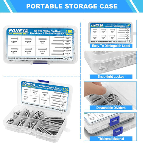 100 Piece Phillips Flat Head Screws Kit For Electrical Projects Sizes 6-32 And 8-32 Extra Long 304 Stainless Steel in a storage case