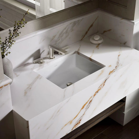 Top Shelf Rectangular Undermount Bathroom Sink In Crisp White Vitreous China With Sleek Geometric Lines And Zero Hassle Wall Counter Installation For That Fresh Modern Look