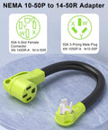 Heavy Duty Nema 10-50 To 14-50R EV Charger Plug Adapter with 50A 3-prong male plug and 4-slot female connector.