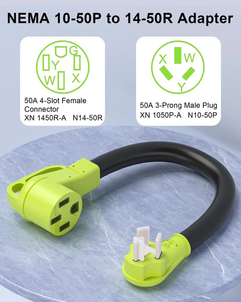 Heavy Duty Nema 10-50 To 14-50R EV Charger Plug Adapter with 50A 3-prong male plug and 4-slot female connector.