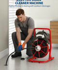 Electric Drain Cleaner Machine Built Tough Heavy Steel Core Sewer Snake Auger Cuts Through Darn Clogs Quick With Interchangeable Cutter Heads in use with steel cable.
