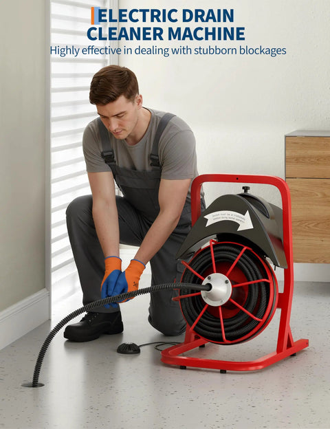 Electric Drain Cleaner Machine Built Tough Heavy Steel Core Sewer Snake Auger Cuts Through Darn Clogs Quick With Interchangeable Cutter Heads in use with steel cable.