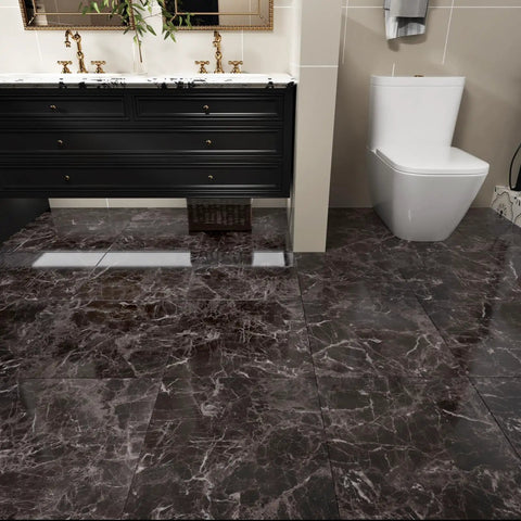 Brown Marble Vinyl Floor Tile 12x12 Inch Peel And Stick Self Adhesive Flooring in a bathroom with black vanity and white toilet.