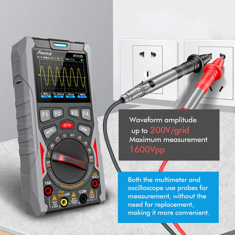 All In One Handheld Oscilloscope And Multimeter With Built In Signal Generator connected to power outlet showing waveform display.